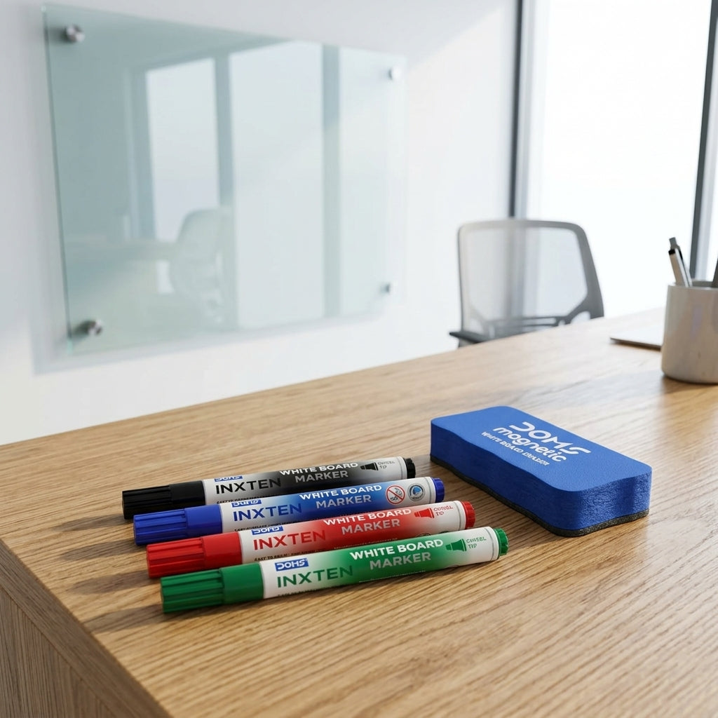 DOMS INXTEN Whiteboard Marker Set with Magnetic Eraser – 4 Colors + 1 Eraser
