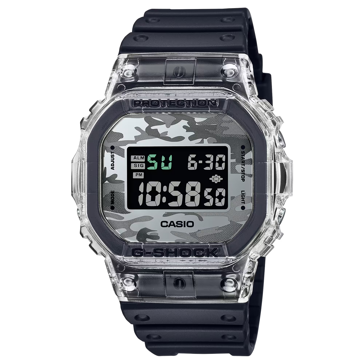 Casio G-Shock DW-5600SKC-1 digital men's watch featuring a camouflage dial and a translucent bezel