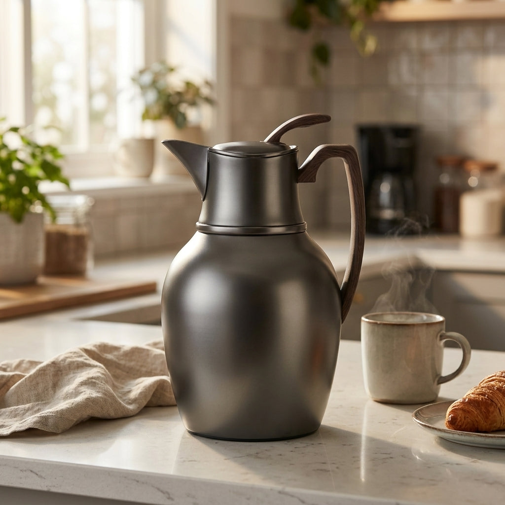 Mydot Vacuum Flask 1 Litre – Matt Black Nickel with Dark Wood Finish