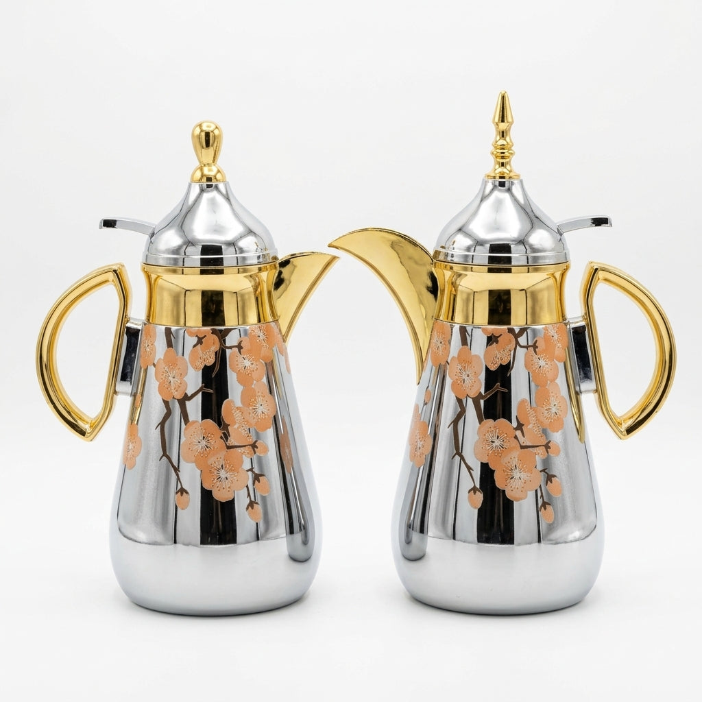 Lavindar Vacuum Flask Set, 2 × 1 Litre, Silver with Gold Accents and Floral Design
