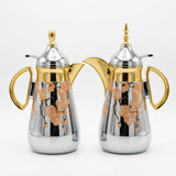 Lavindar Vacuum Flask Set, 2 × 1 Litre, Silver with Gold Accents and Floral Design