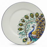 "Decorative ceramic plate with intricate peacock design featuring vibrant blue, green and gold feathers on white background"