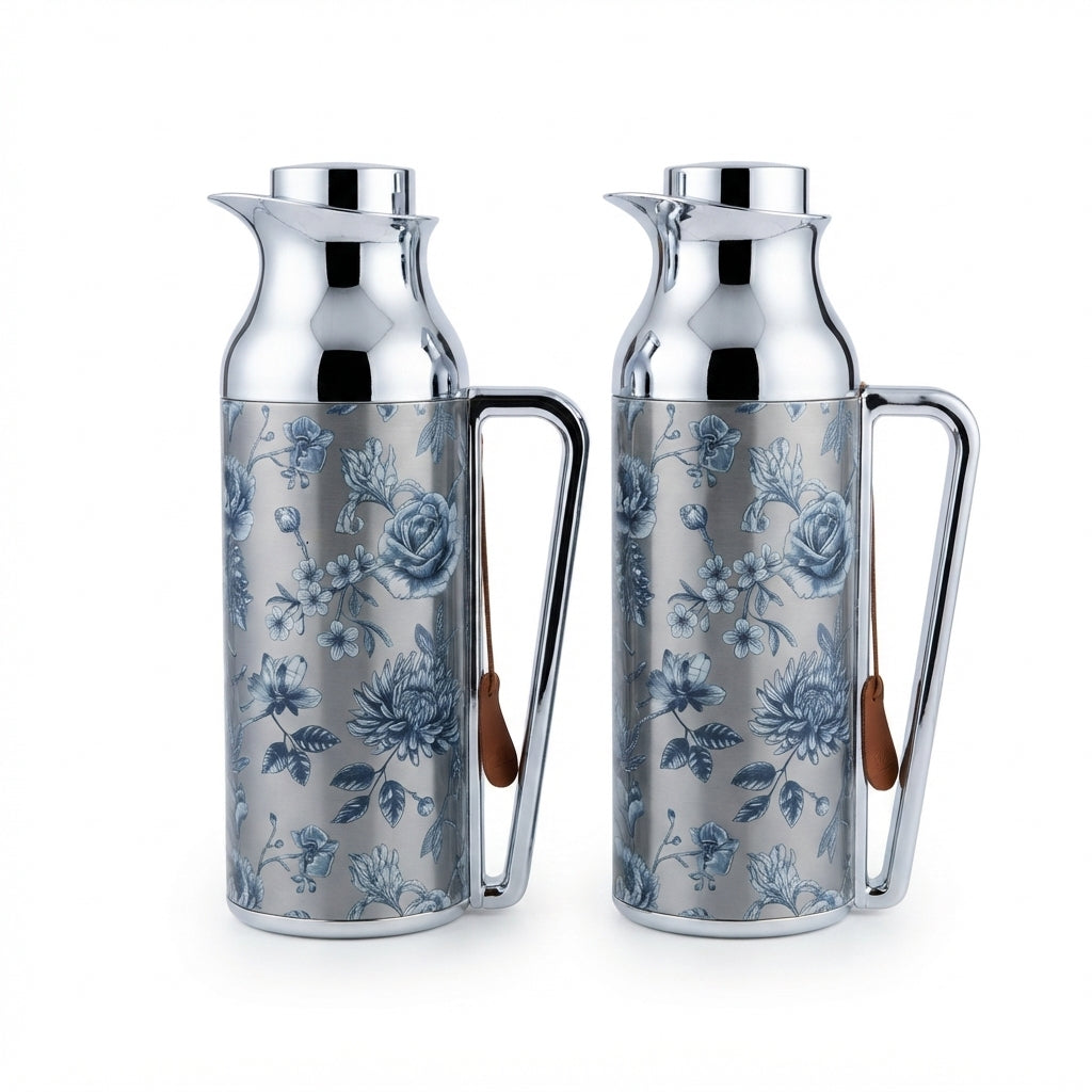 Mahra Stainless Steel Vacuum Flask Set of 2 – 1L – Floral Silver Edition