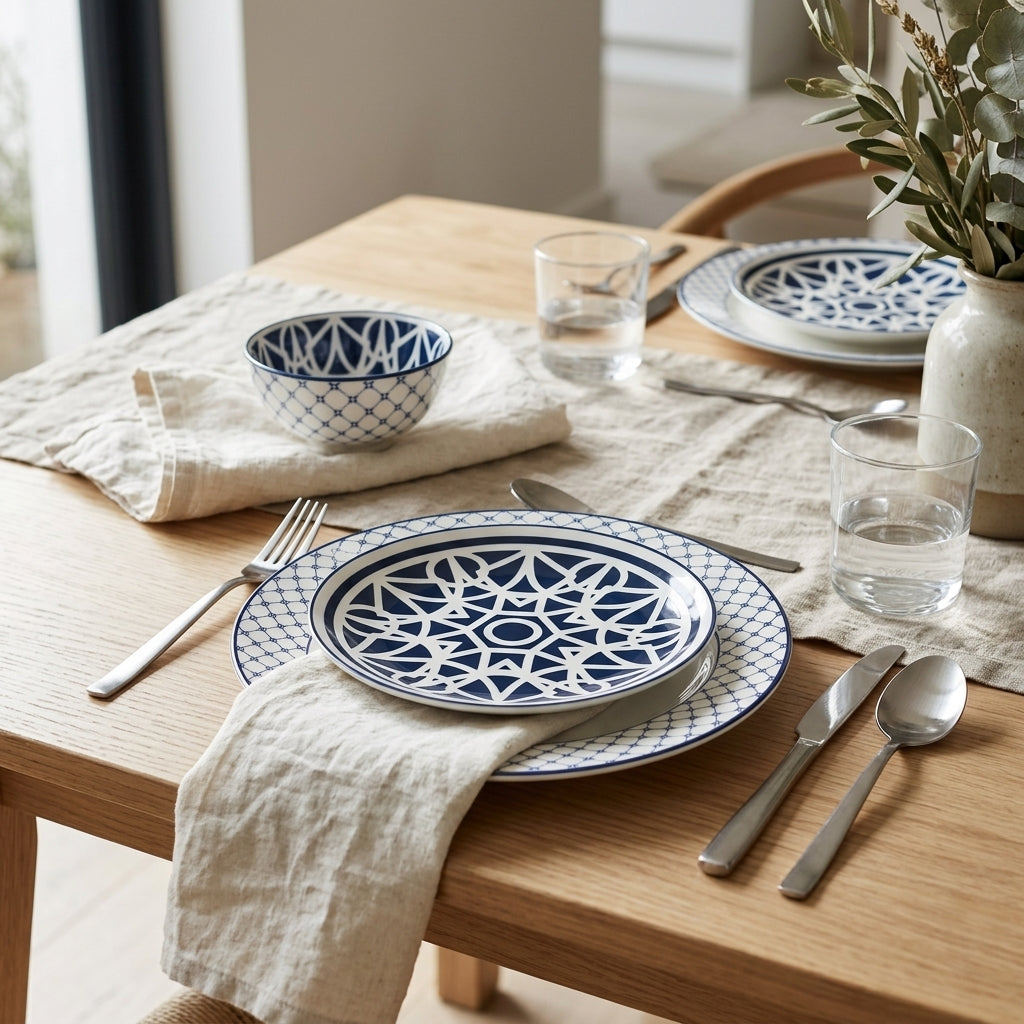 Shallow 12-Piece Porcelain Dinner Set – Navy Blue & White