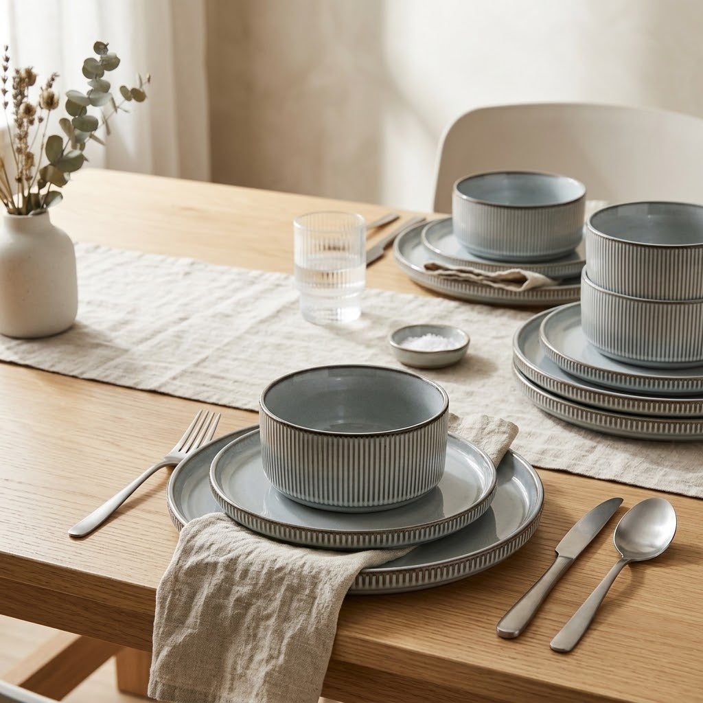 Cuisine Art 12-Piece Stoneware Dinner Set – Grey Ribbed