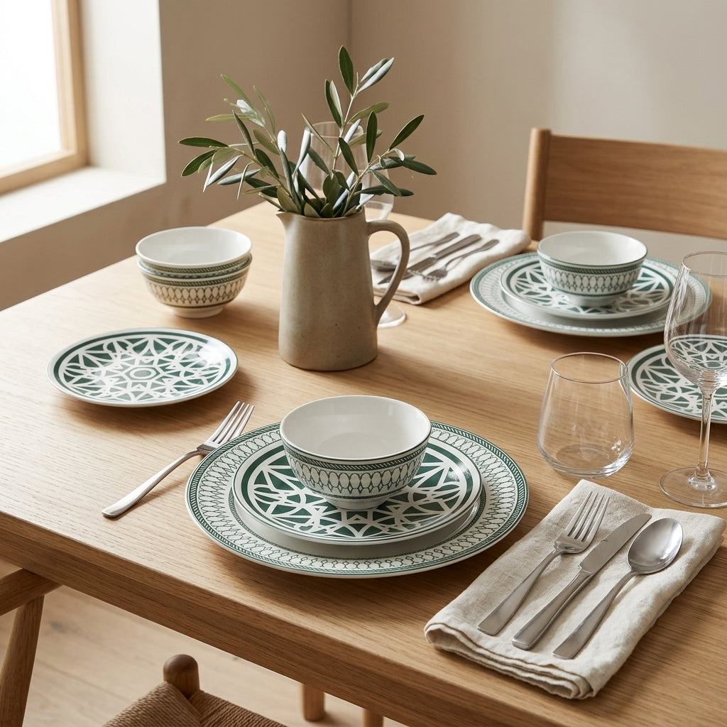 Shallow 12-Piece  Porcelain Dinner Set – Green & White