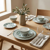 Shallow 12-Piece  Porcelain Dinner Set – Green & White