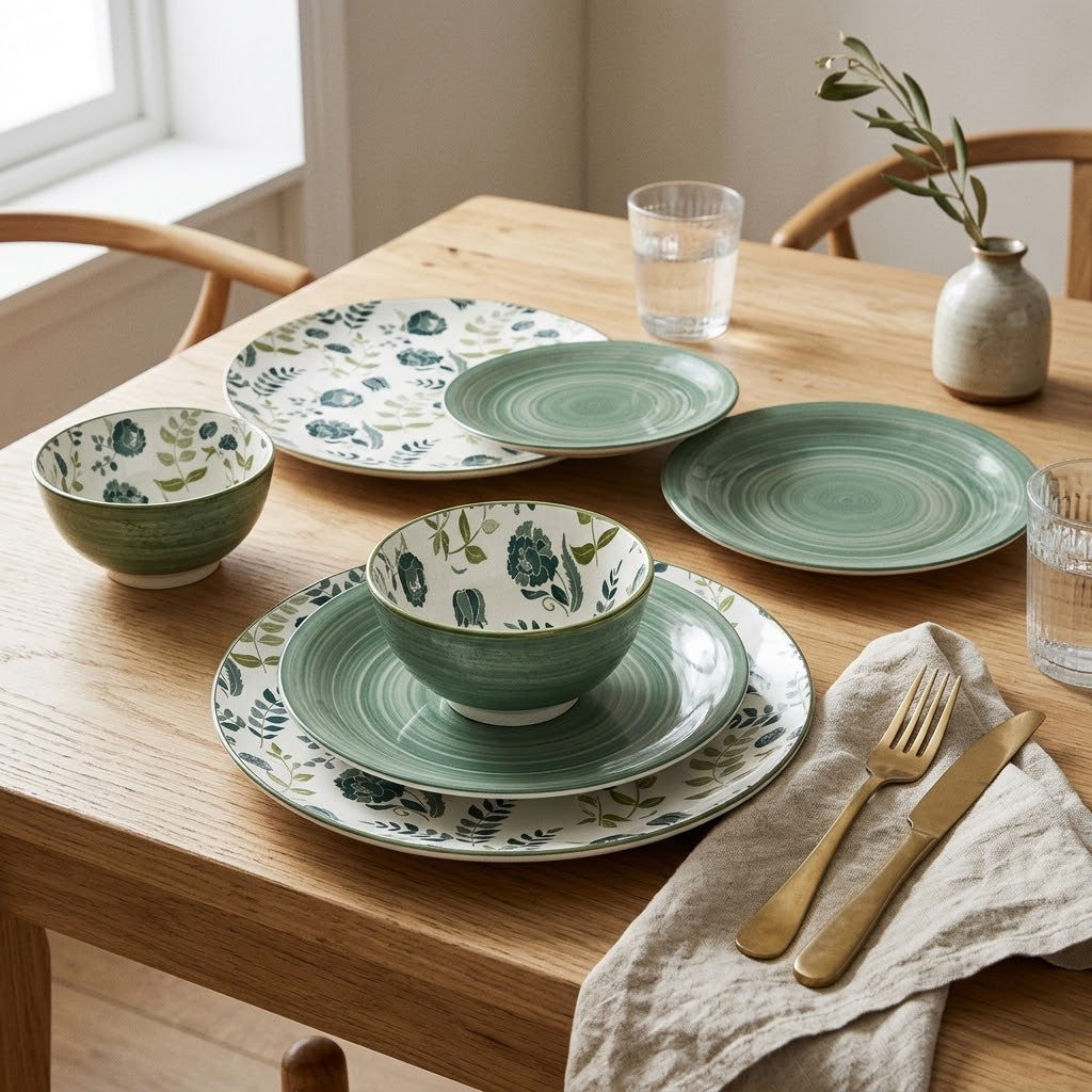 Shallow 12-Piece Porcelain Dinner Set – Green