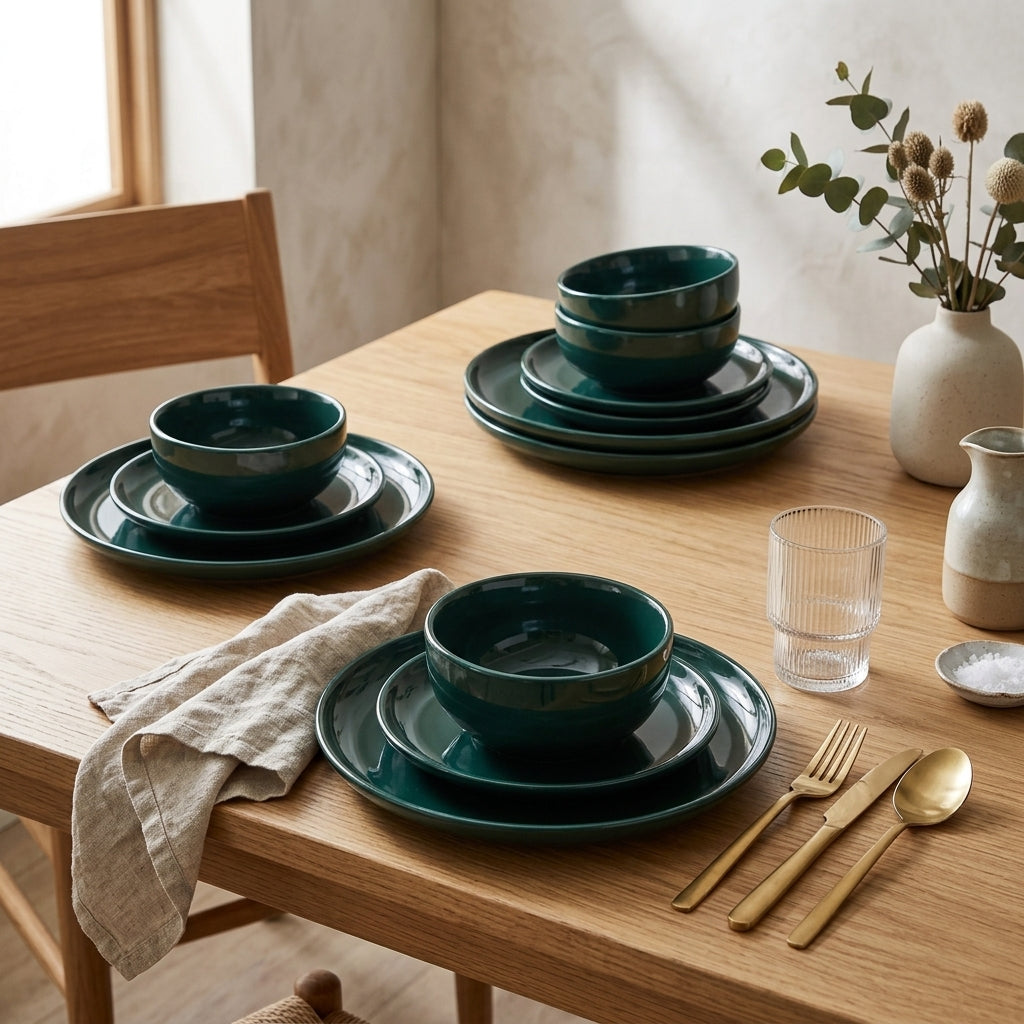 Cuisine Art 12-Piece Stoneware Dinner Set – Dark Green