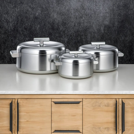 ALMARJAN Classic 3-Piece Hot Pot Set – Matt Silver Finish, 1L/2.5L/3L Double-Wall Insulated Food Containers