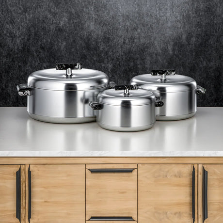 ALMARJAN 3-Piece ABS Hot Pot Set – Matt Silver & Black Marble Finish, 1L + 2.5L + 3L Thermal Casseroles