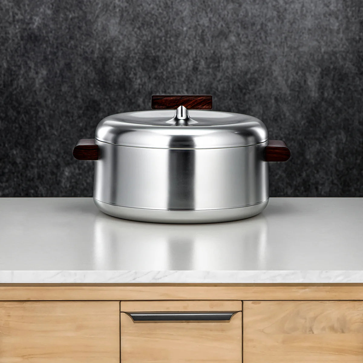 Almarjan Elegant Hot Pot Set of 3 – Matt Silver with Dark Wood Design, 1L + 2.5L + 3L Food Serving Pots