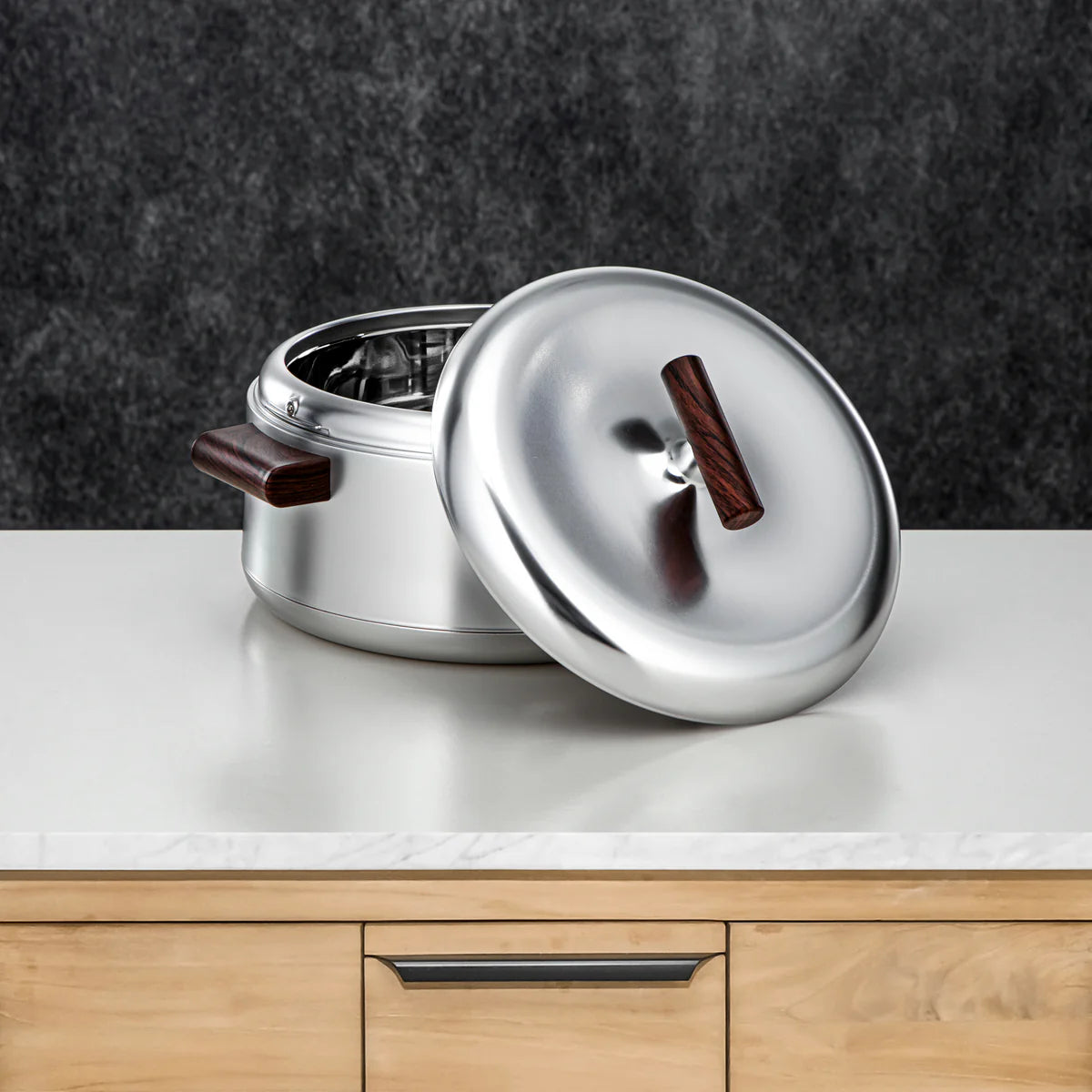 Almarjan Elegant Hot Pot Set of 3 – Matt Silver with Dark Wood Design, 1L + 2.5L + 3L Food Serving Pots