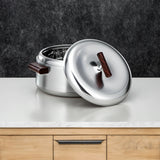 Almarjan Elegant Hot Pot Set of 3 – Matt Silver with Dark Wood Design, 1L + 2.5L + 3L Food Serving Pots