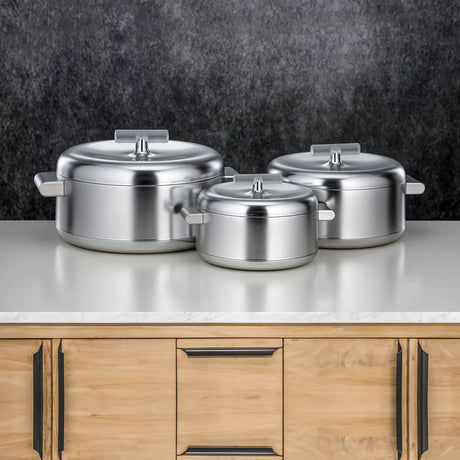 ALMARJAN 3-Piece Insulated Hot Pot Set – 1L, 2.5L & 3L Matt Silver with Frost Finish, Food Warmer Collection