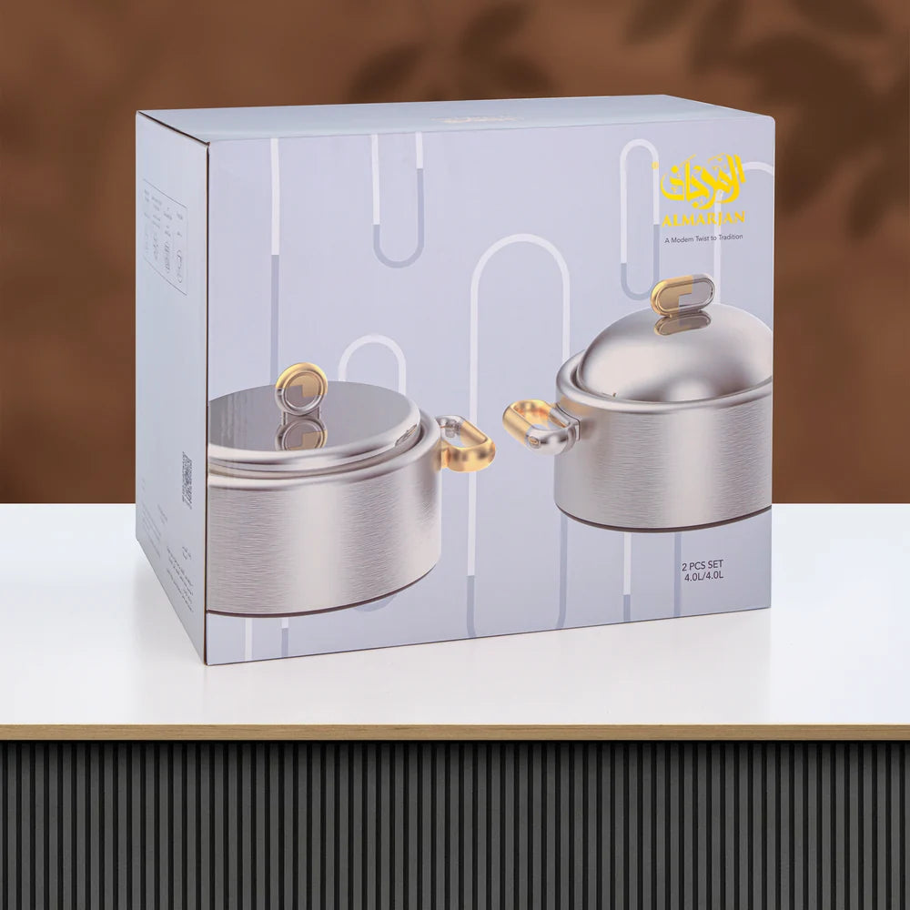 Almarjan 2 Pieces Hot Pot Set, Brushed Matt Silver & Dark Wood