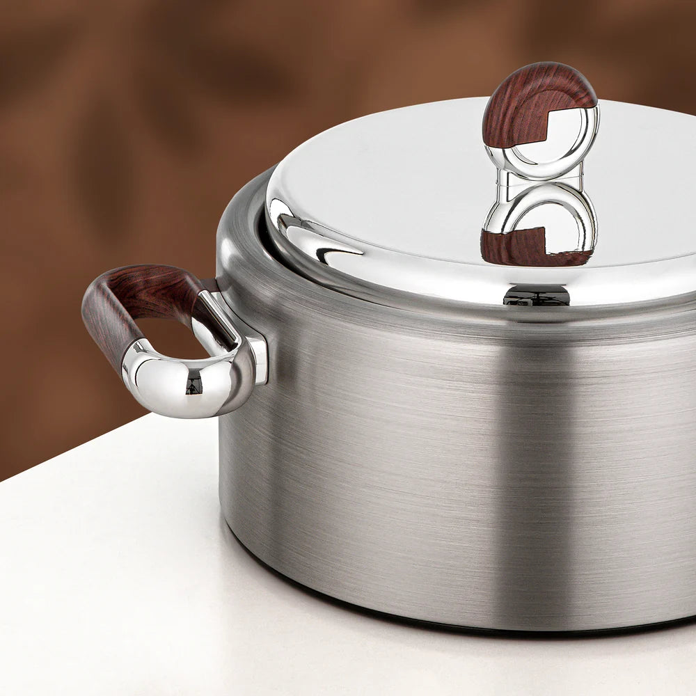 Almarjan 2 Pieces Hot Pot Set, Brushed Matt Silver & Dark Wood