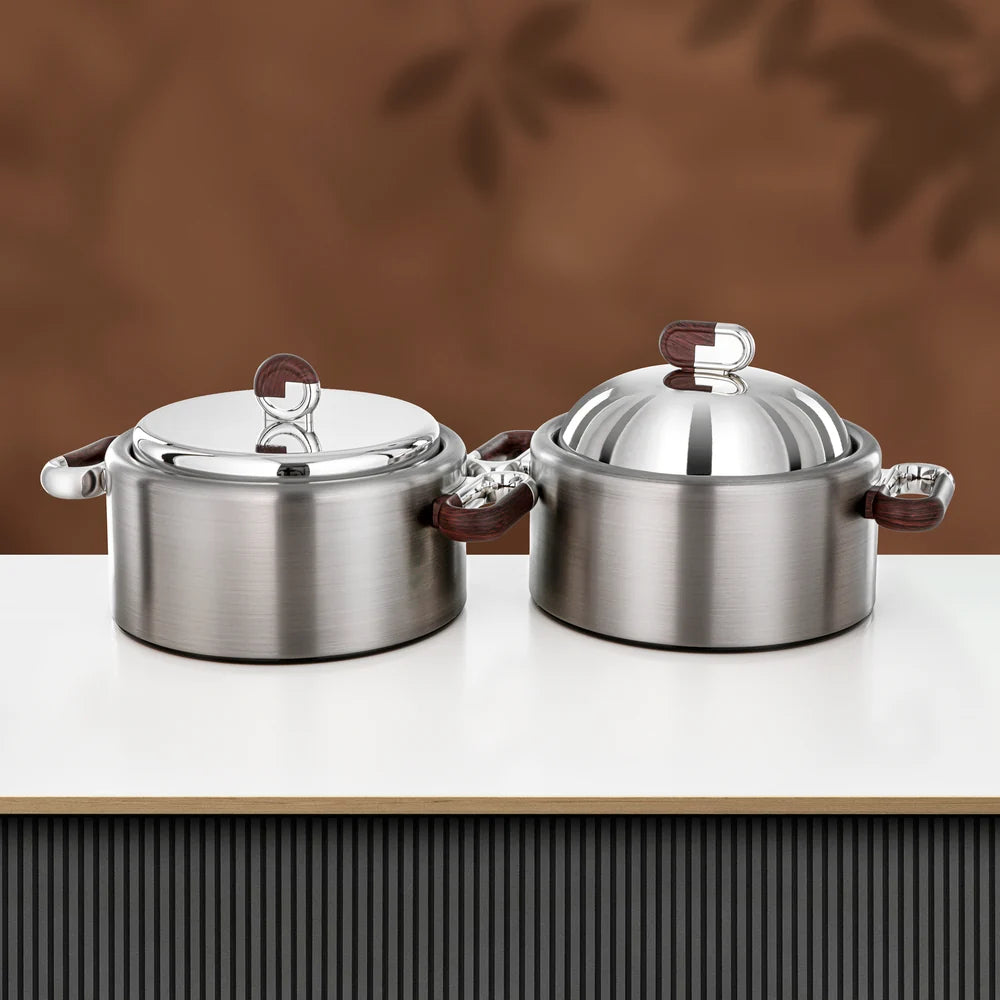 Almarjan 2 Pieces Hot Pot Set, Brushed Matt Silver & Dark Wood