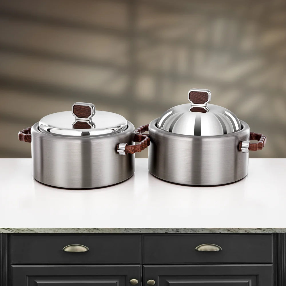 Almarjan 2 Pieces Hot Pot Set, Brushed Matt Silver & Dark Wood