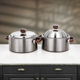 Almarjan 2 Pieces Hot Pot Set, Brushed Matt Silver & Dark Wood