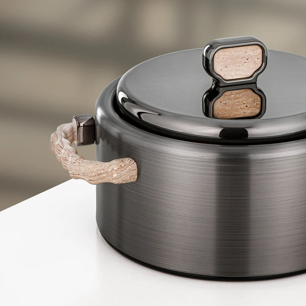 Almarjan 2 Pieces Hot Pot Set, Brushed Matt Gun Black & Travertine Marble
