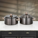 Almarjan 2 Pieces Hot Pot Set, Brushed Matt Gun Black & Travertine Marble