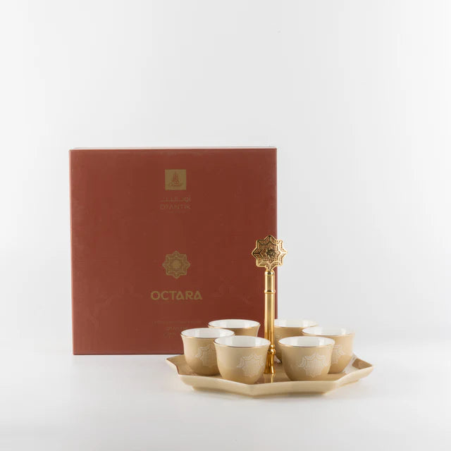 Otantik Octara - Arabic Coffee Cups With Holder - Porcelain- Ivory & Gold