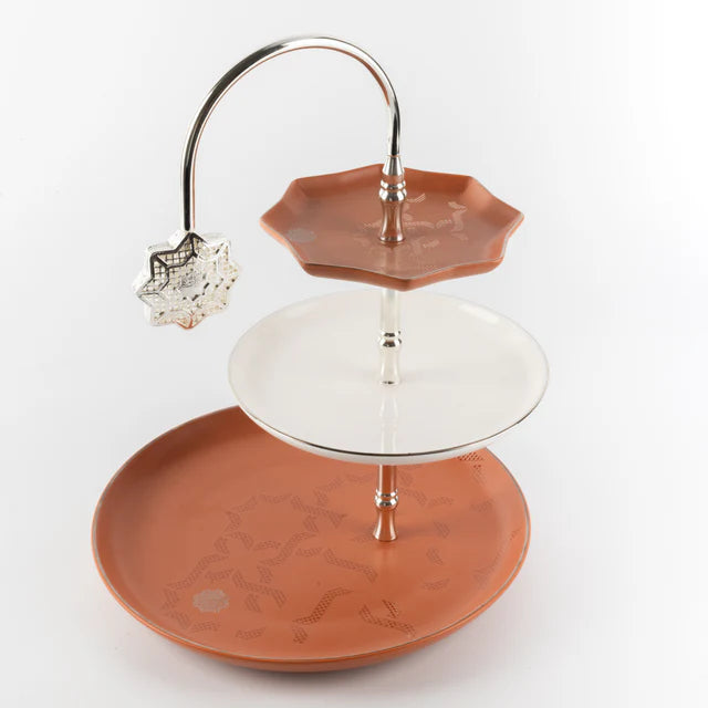 Otantik Octara - 3 Tier Cake Stand - Porcelain - Orange & Silver 11"*10"