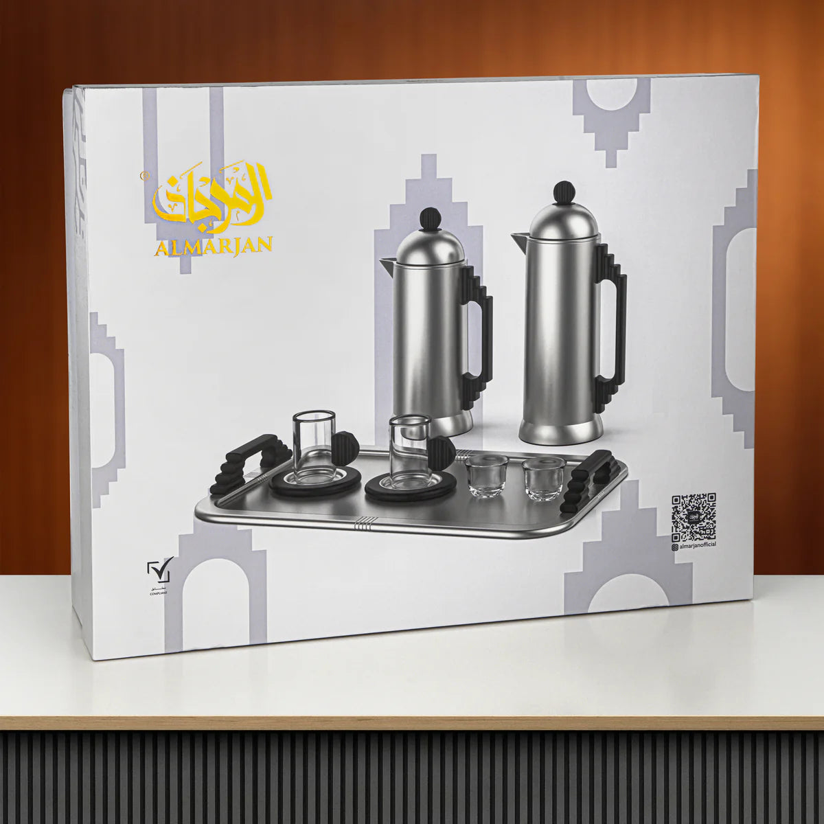Almarjan Signature 21 Pieces – Nickel with Black Handles & Accents Tea and Coffee Set with Modern Decorative