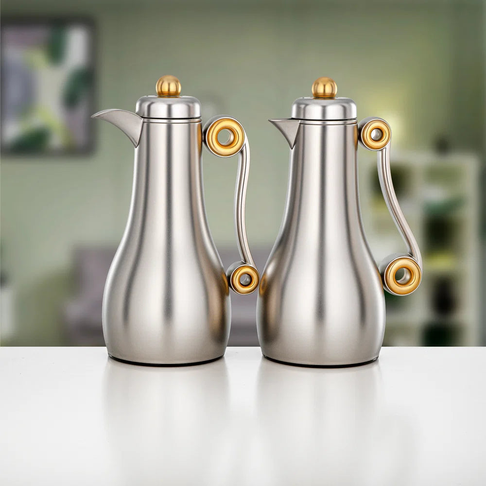 Almarjan 2 Pieces Vacuum Flask Set, Matt Nickel & Matt Gold