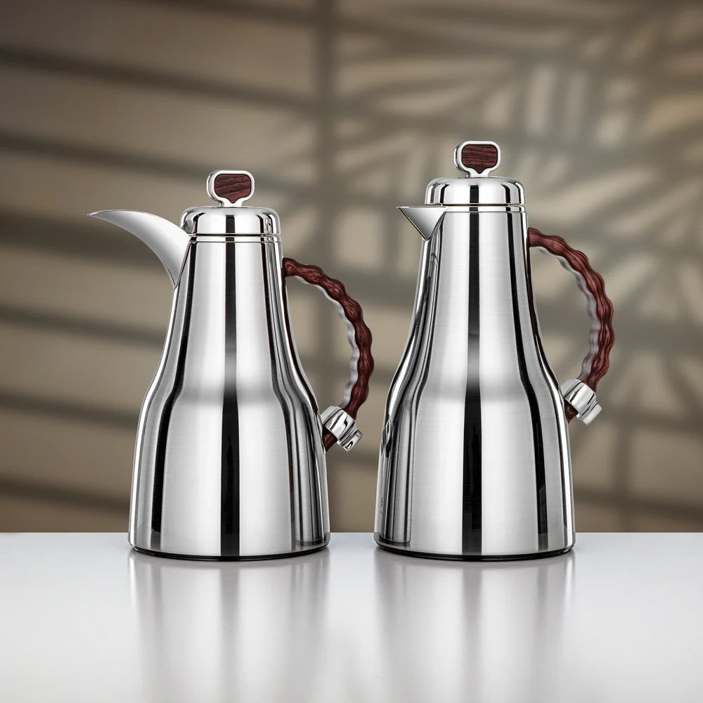 Almarjan 2 Pieces Vacuum Flask Set, Brushed Silver & Dark Wood