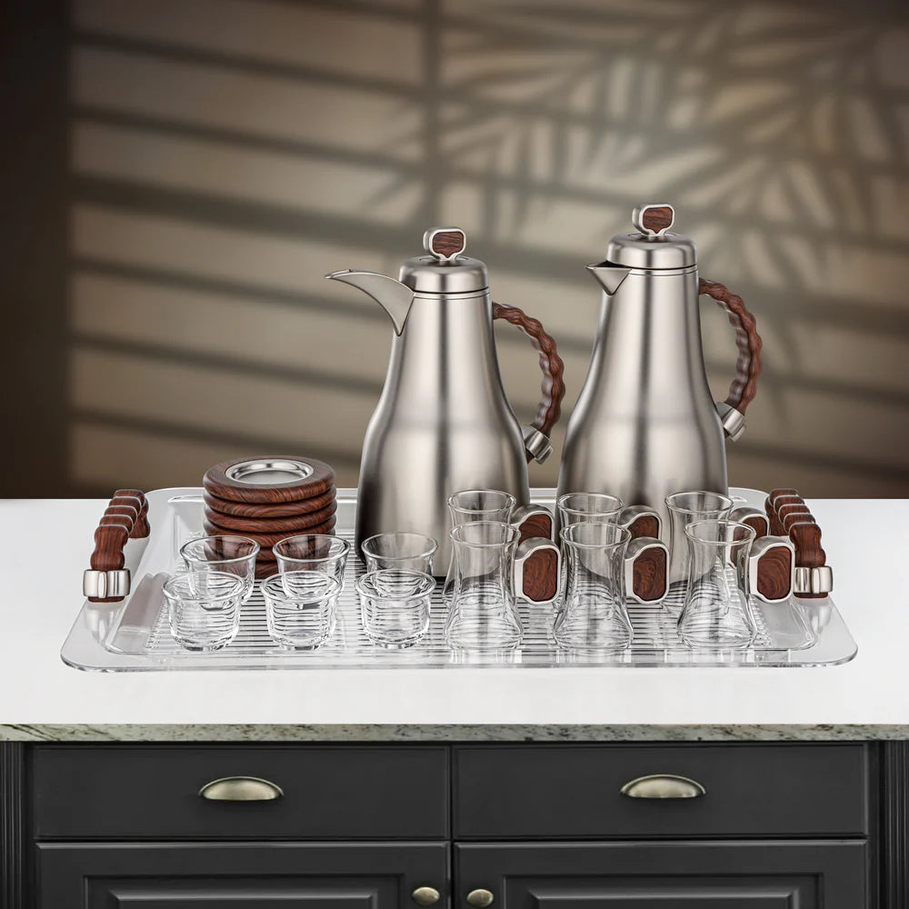 Almarjan 21 Pieces Tea & Coffee Set, Matt Nickel & Dark Wood