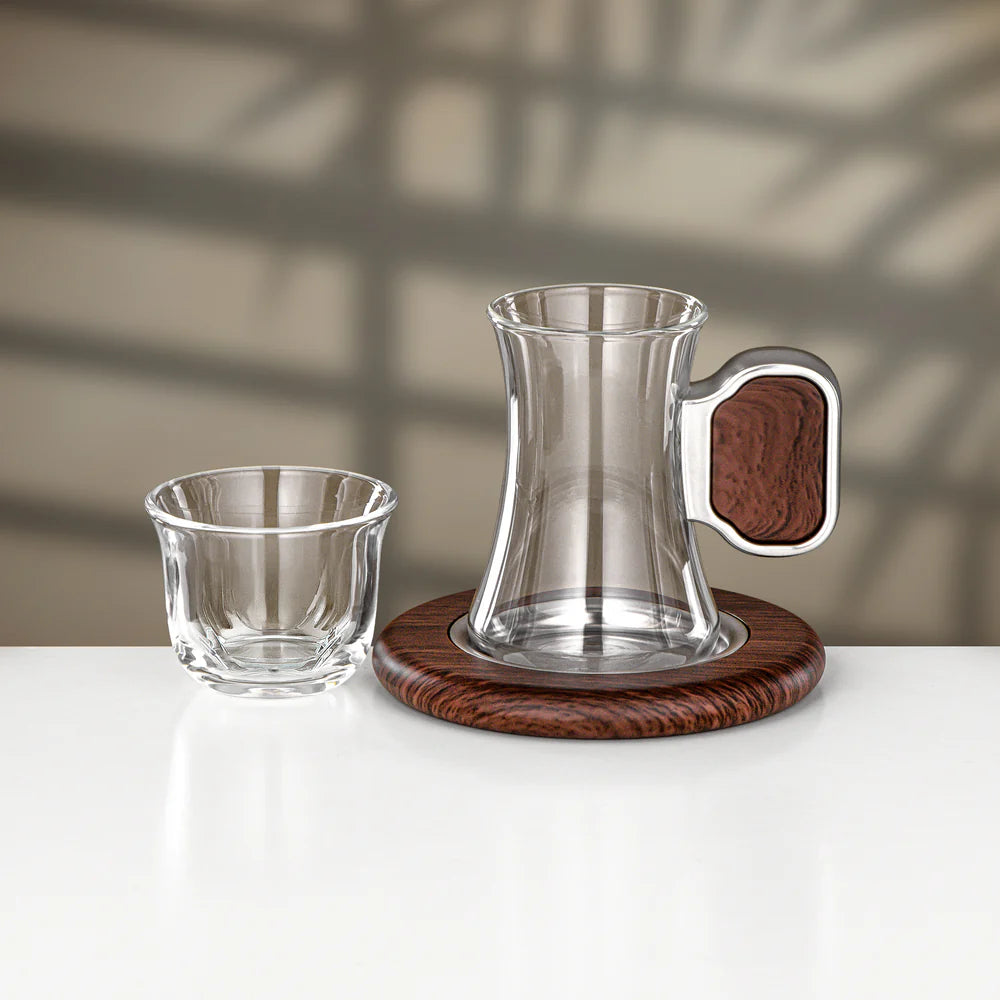 Almarjan 21 Pieces Tea & Coffee Set, Matt Nickel & Dark Wood