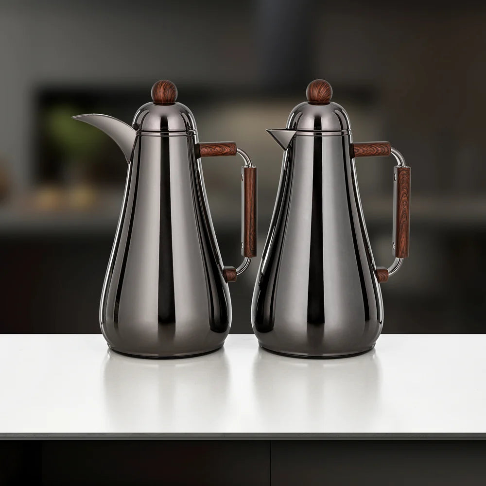 Almarjan 1 + 1 Ltr Vacuum Flask Set, Gun Black & Dark Wood