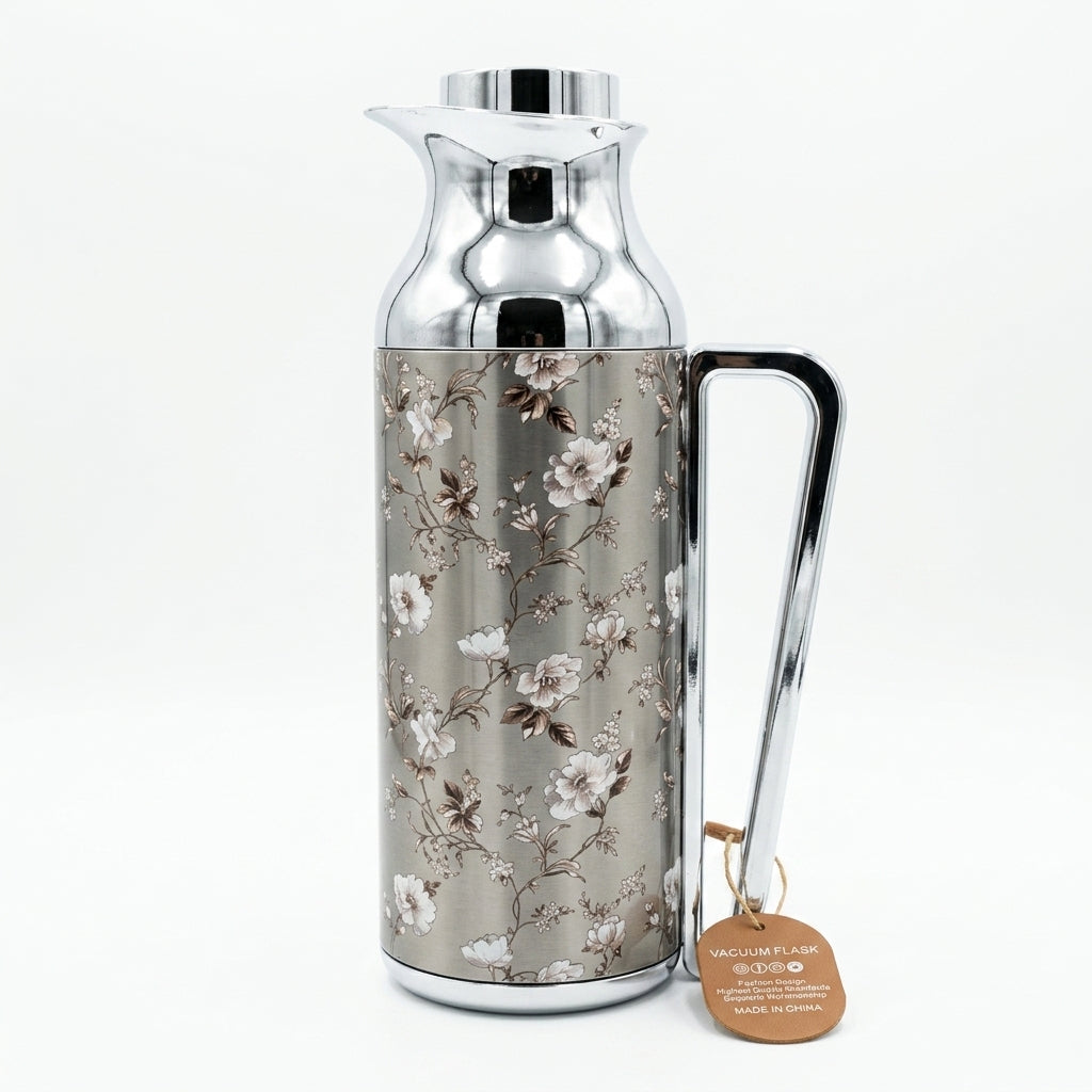 Mahra Floral Stainless Steel Vacuum Flask Set 1L + 1L – Silver Blossom – 2-Piece Thermos Set