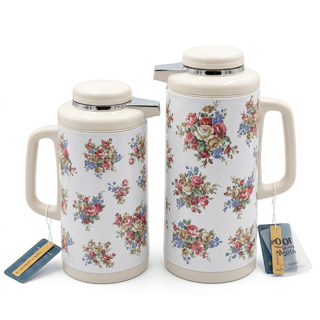 HB Vacuum Flask Set, 1 Litre + 1.3 Litre, White Floral Design