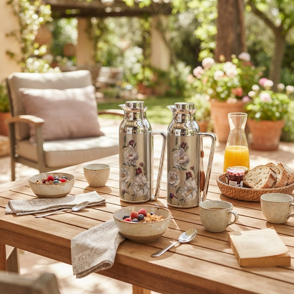 Mahra Stainless Steel Vacuum Flask Set 1L + 1L – Silver Floral Design (Set of 2)