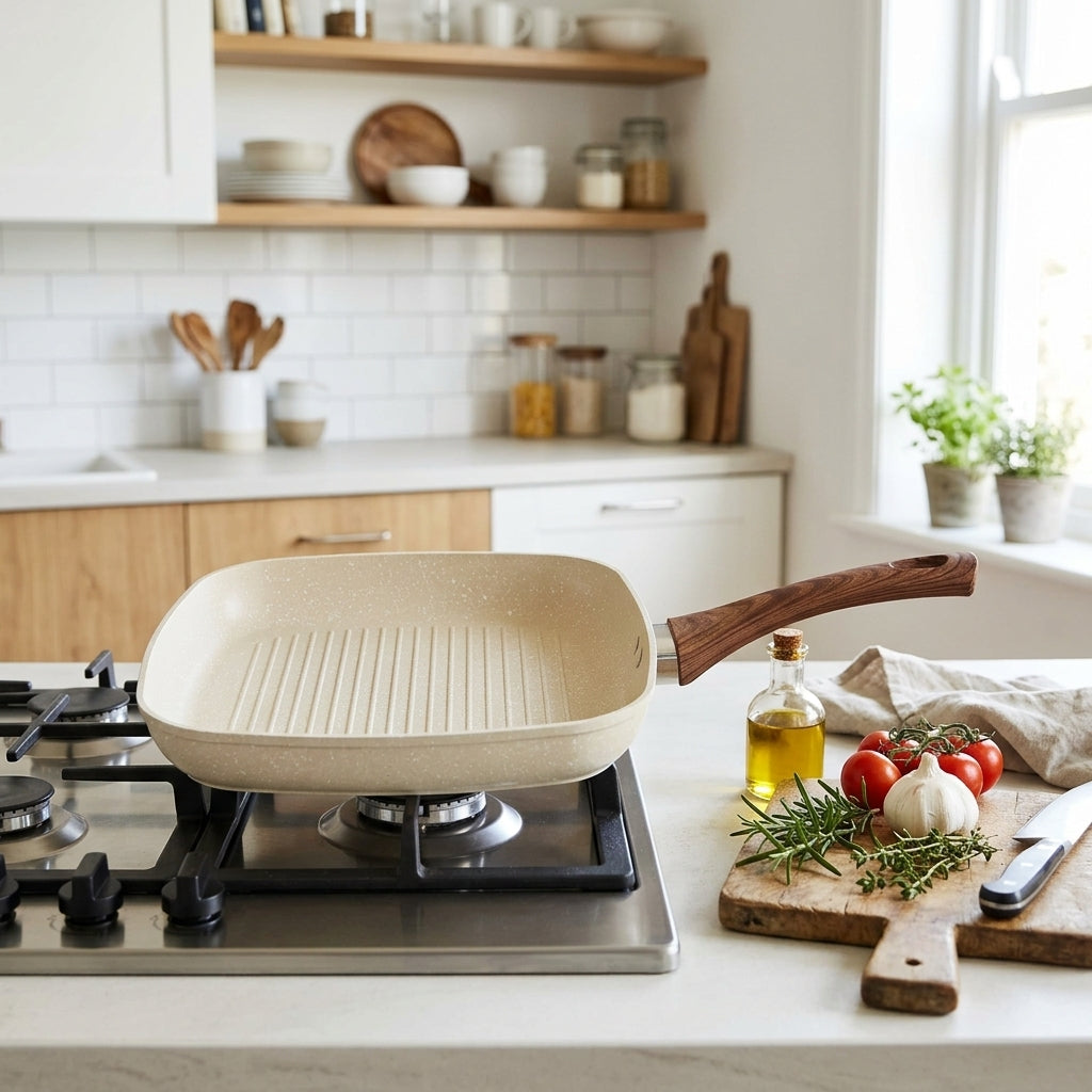 Yuniverse Square Grill Pan 28 cm – Beige with Wood-Look Handle