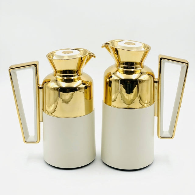 Fursan Vacuum Flask Set, 0.7 Litre + 1 Litre, Matt White with Gold Accents