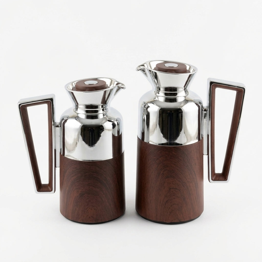 Fursan Vacuum Flask Set, 0.7 Litre + 1 Litre, Silver with Dark Wood Finish