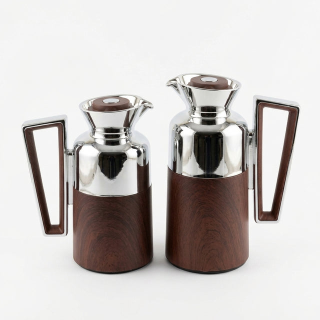 Fursan Vacuum Flask Set, 0.7 Litre + 1 Litre, Silver with Dark Wood Finish