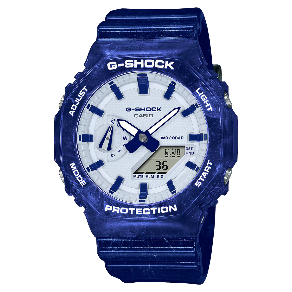 Casio G-Shock GA-2100BWP-2A watch with a blue and white Chinese porcelain motif on the dial and band.