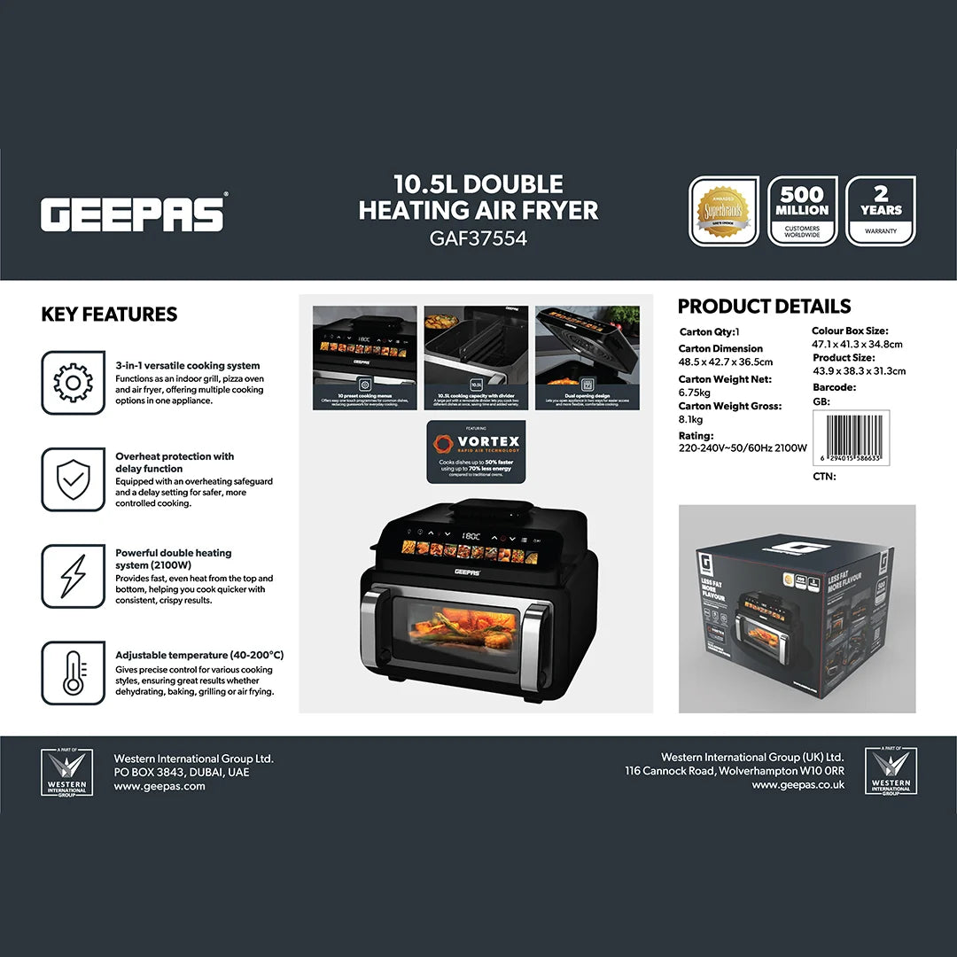 Geepas 10.5L Double Heating Air Fryer with Grill & Pizza Oven (GAF37554)