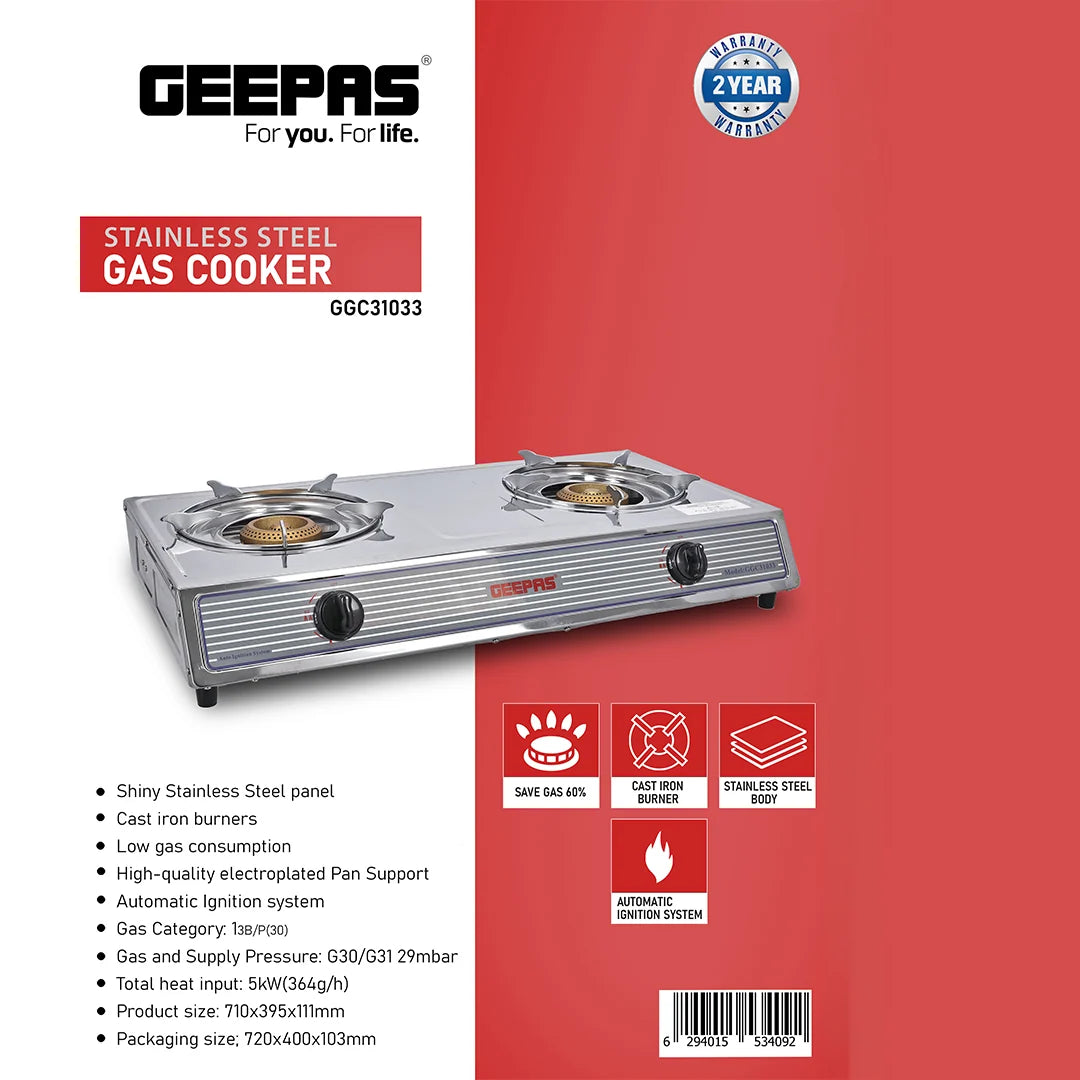 Geepas Stainless Steel 2 Burner Gas Stove GGC31033