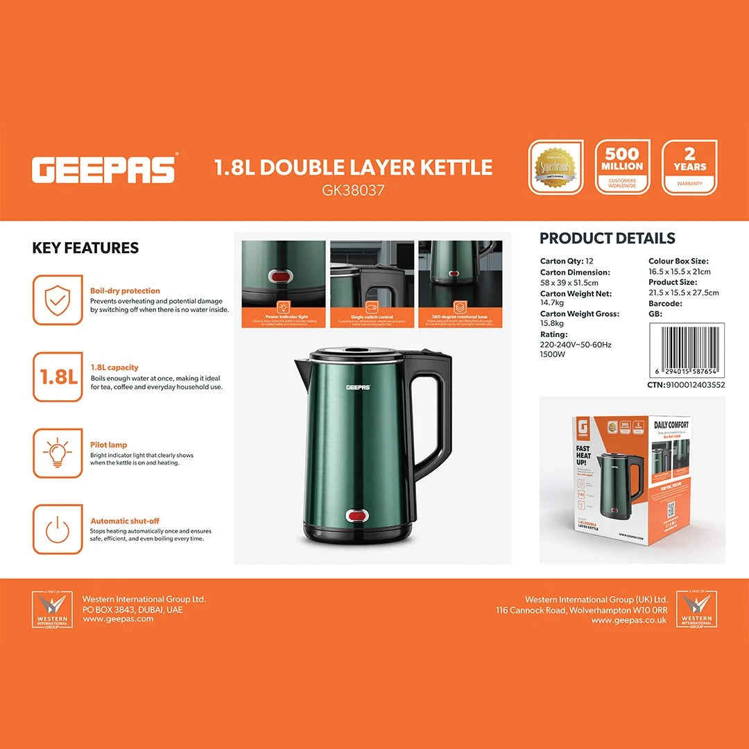 Geepas Double Layer Electric Kettle 1.8L GK38037