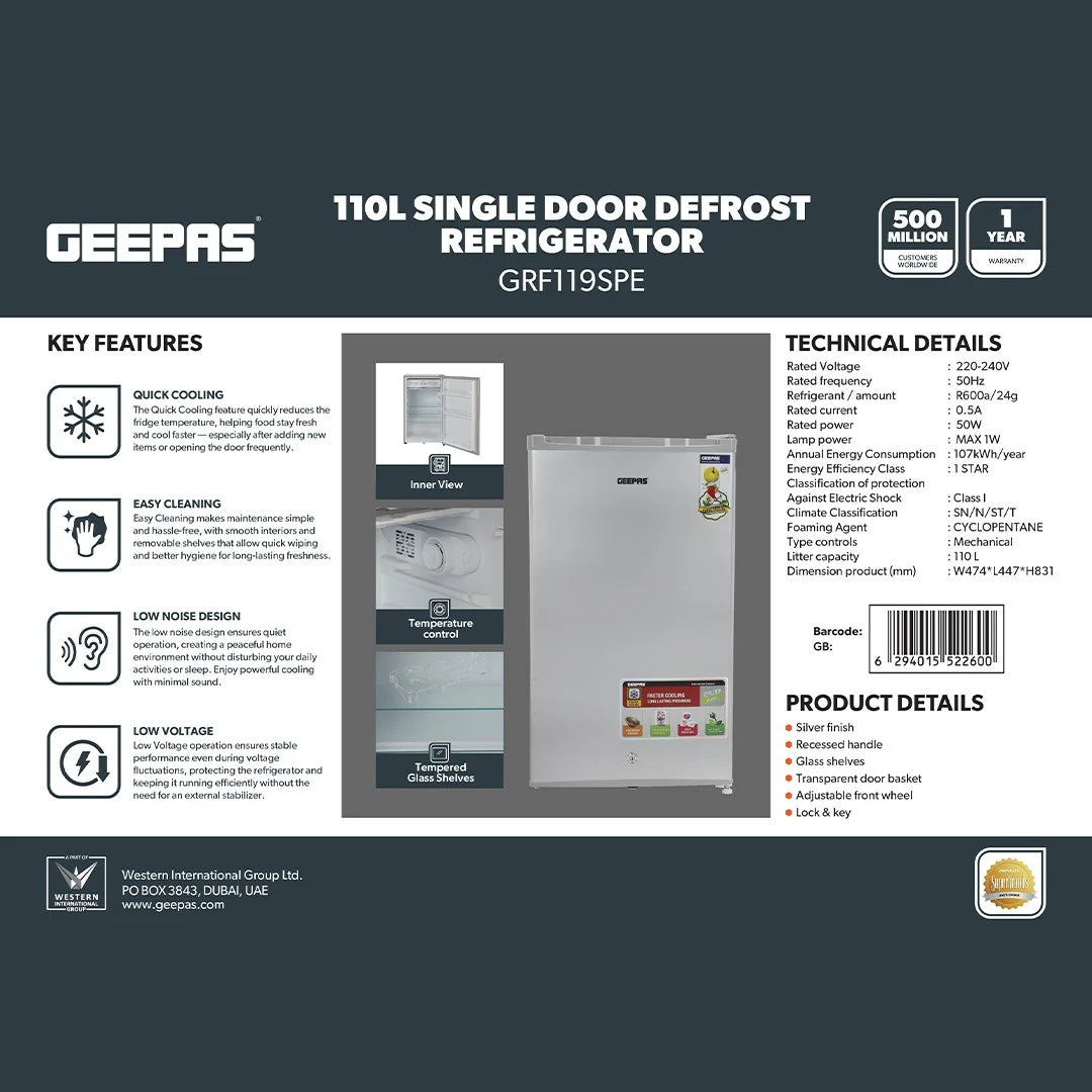 Geepas 110L Single Door Defrost Refrigerator GRF119SPE