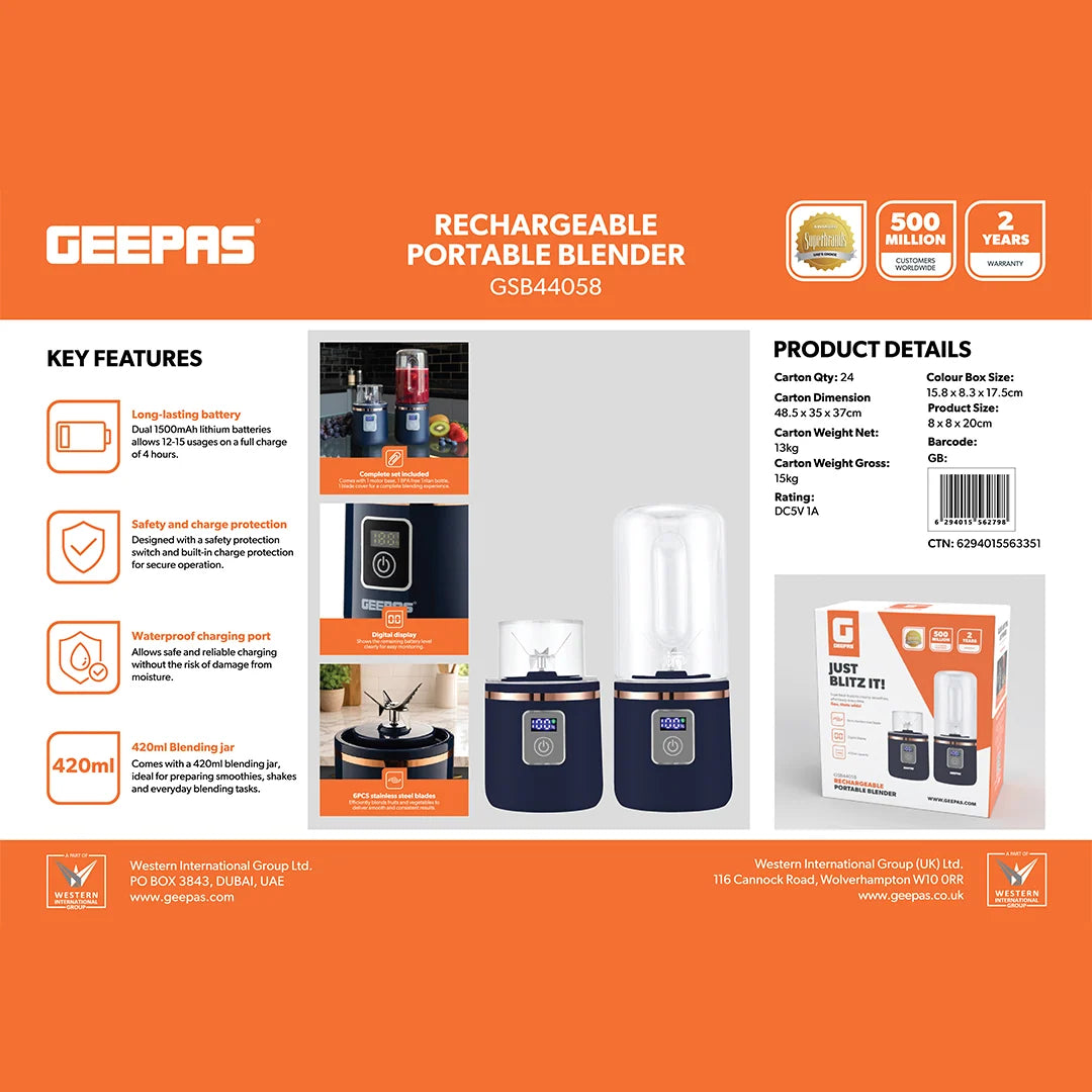 Geepas Rechargeable Portable Blender GSB44058