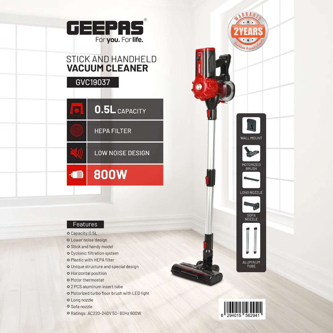 Geepas 2-in-1 Stick & Handheld Vacuum Cleaner 800W with HEPA Filter GVC19037