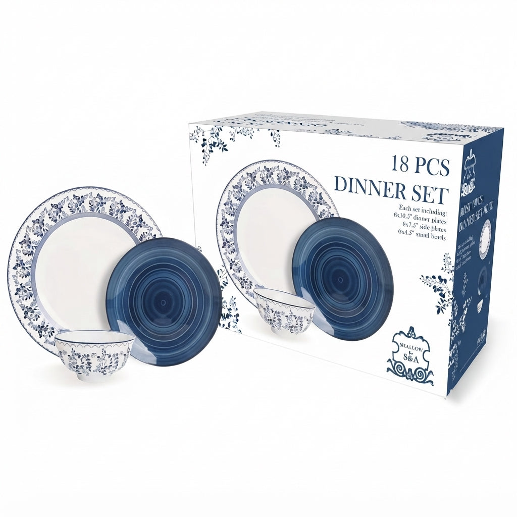 Shallow 18-Piece Porcelain Dinner Set –  Blue & White
