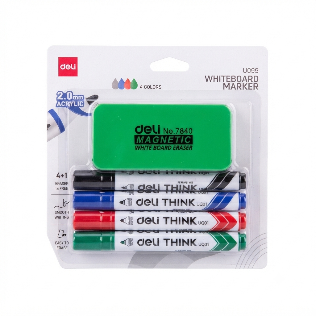 Deli Whiteboard Marker Set with Magnetic Eraser – 4 Colors